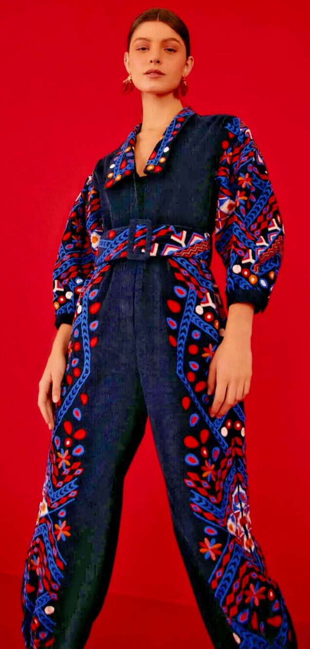Farm Rio Jumpsuit, Corduroy Embroidered, Navy Blue, Medium, New! Retail $495
